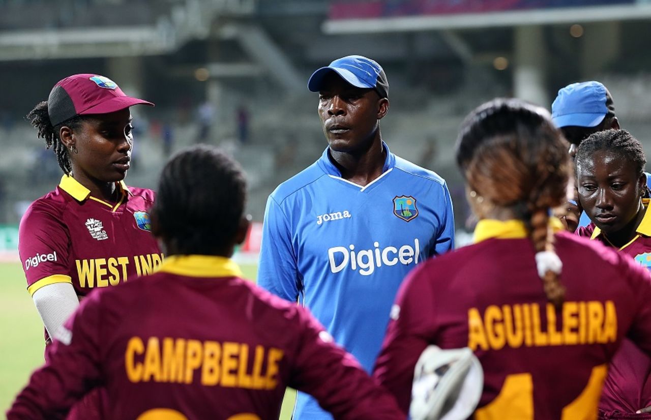 West Indies Women's coach Vasbert Drakes speaks to the players, Pakistan v West Indies, Women's World T20 2016, Chennai, March 16, 2016