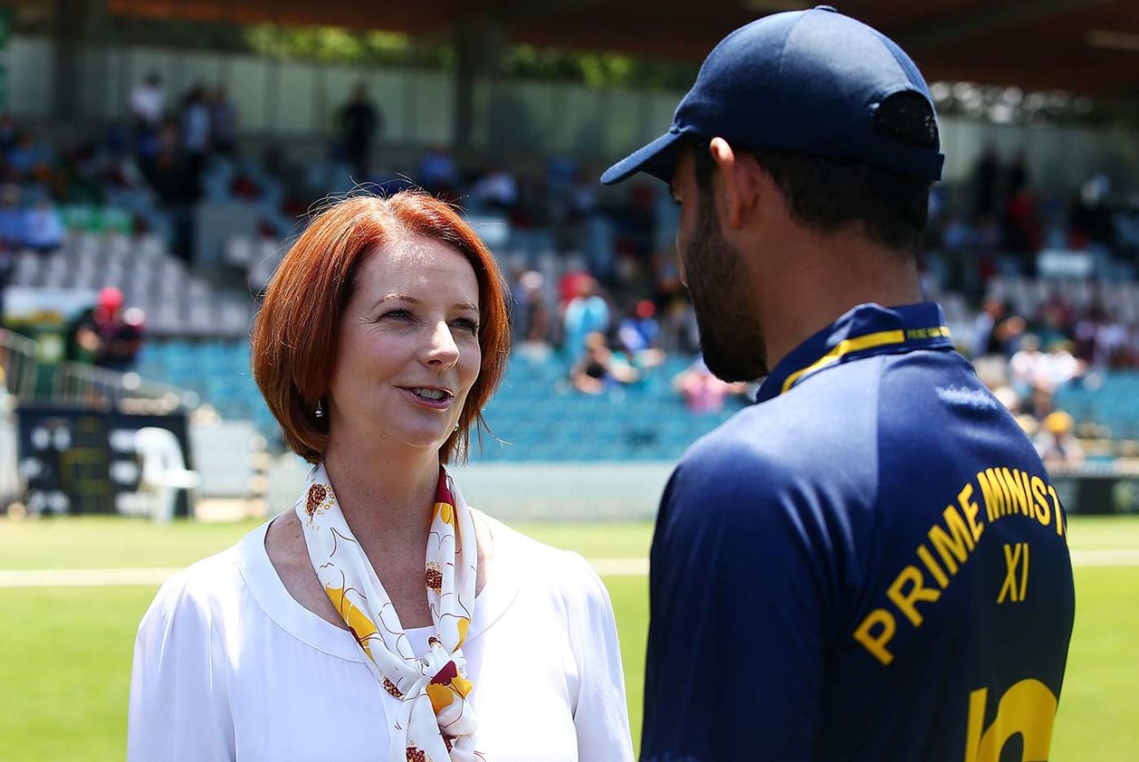 Fawad Ahmed with Australia's prime minister, Julia Gillard, Prime Minister's XI v West Indians, Canberra, January 29, 2013