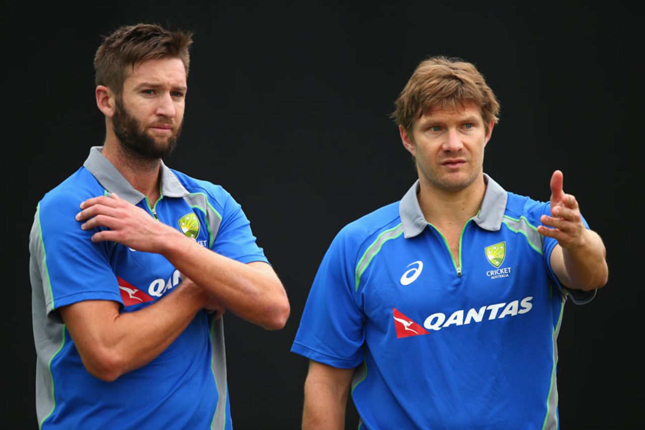 Andrew Tye and Shane Watson have a chat during a training session, Dharamsala, March 17, 2016