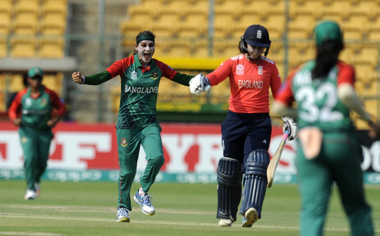 Jahanara Alam rejoices after dismissing Tammy Beaumont, Bangladesh v England, Women's World T20 2016, Group B, Bangalore, March 17, 2016