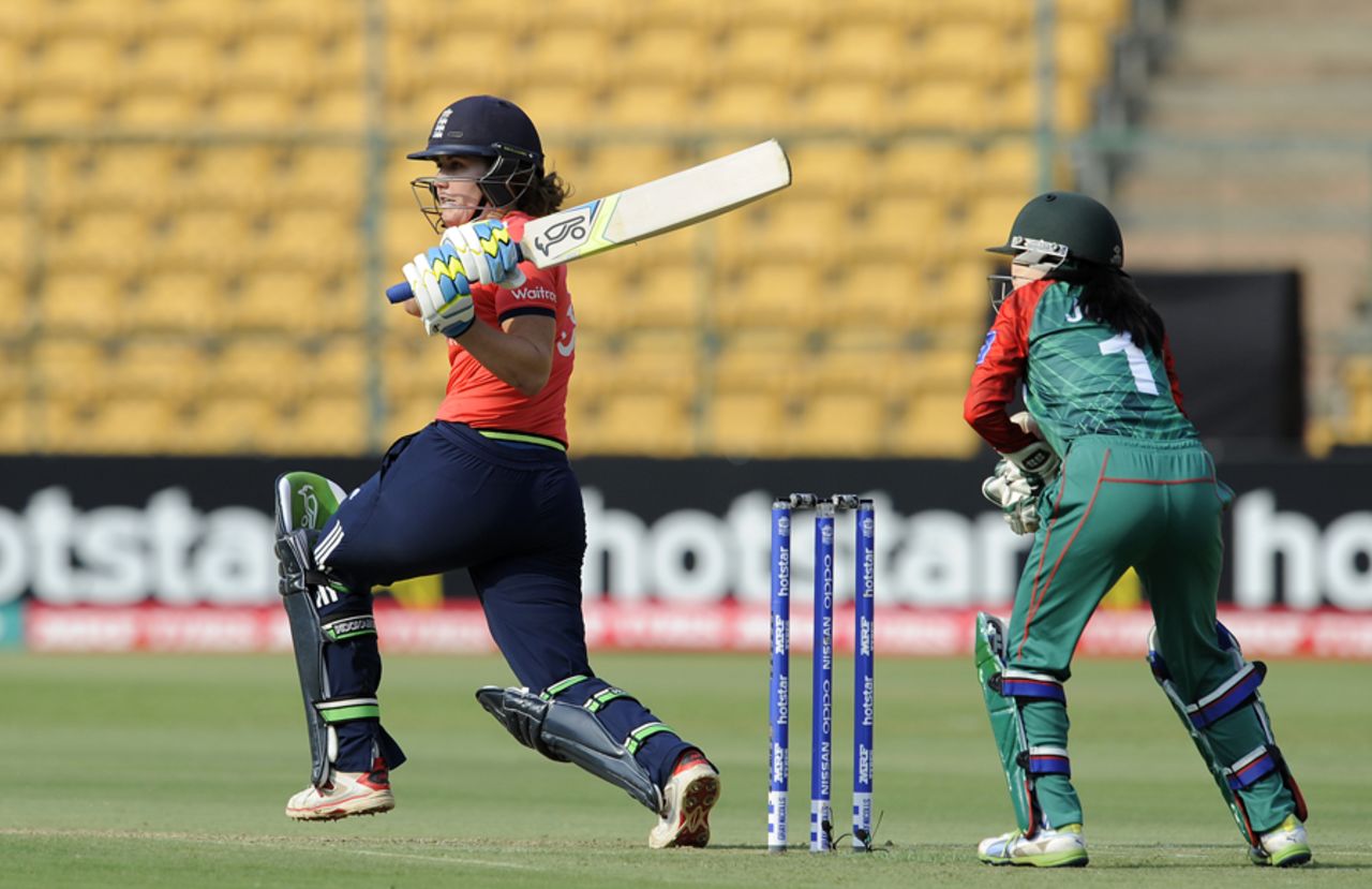 Natalie Sciver plays an aggressive shot to the on side, Bangladesh v England, Women's World T20 2016, Group B, Bangalore, March 17, 2016
