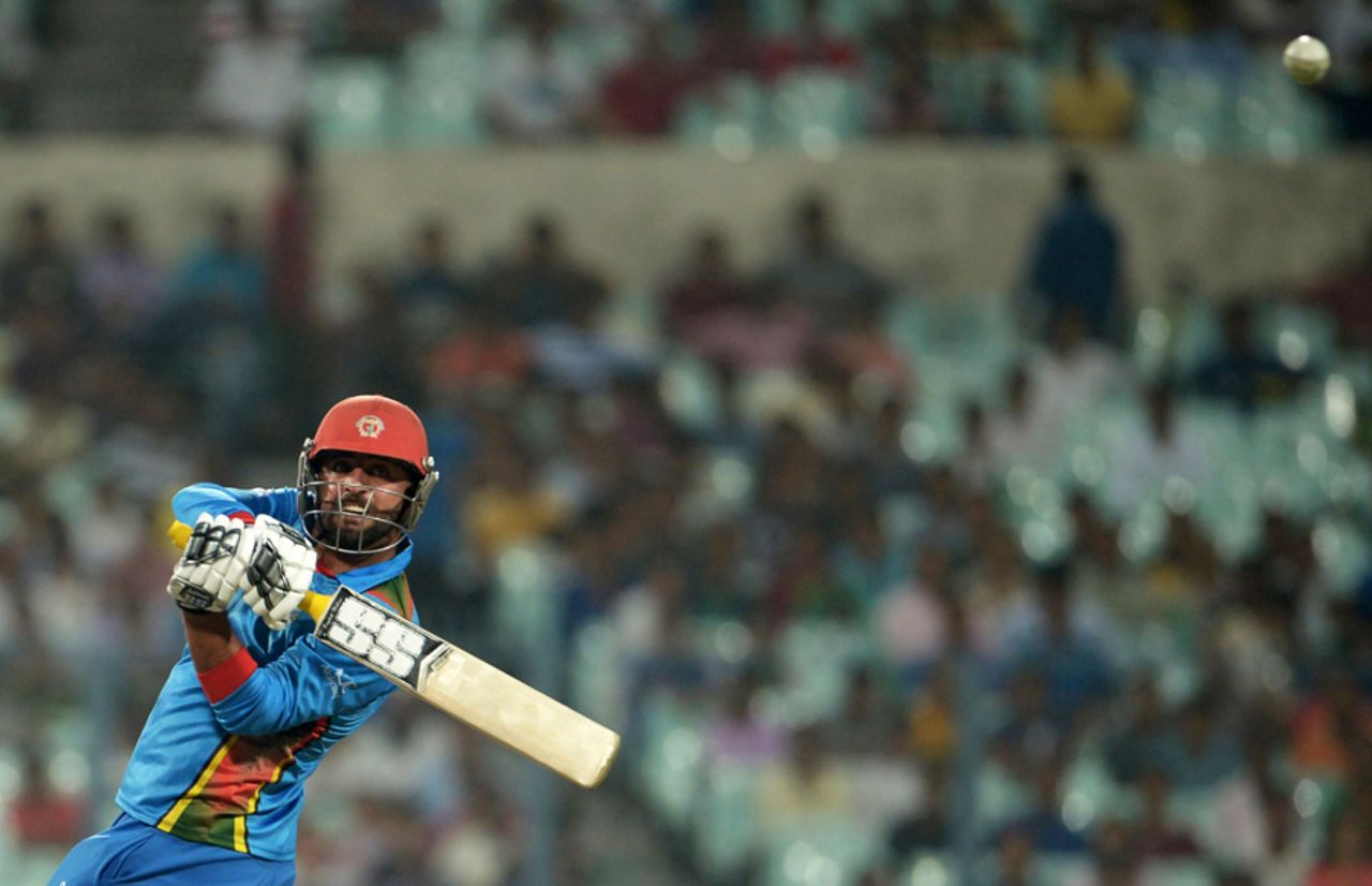 Noor Ali Zadran pulls the ball away, Afghanistan v Sri Lanka, World T20 2016, Group 1, Kolkata
