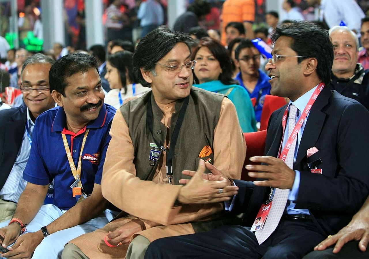 From left: Shrinivas Bhumidala (a Delhi Daredevils team owner), Shashi Tharoor and Lalit Modi at the game, Delhi Daredevils v Kolkata Knight Riders, IPL, Feroz Shah Kotla, March 29, 2010