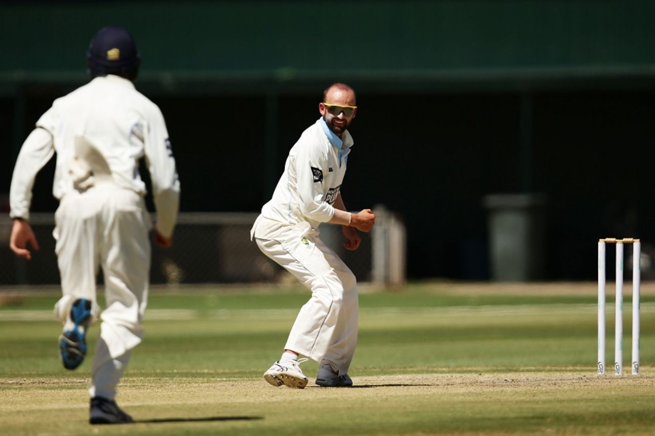 Nathan Lyon is pleased after dismissing Matthew Wade, Victoria v New South Wales, Sheffield Shield 2015-16, Alice Springs, 4th day, March 18, 2016