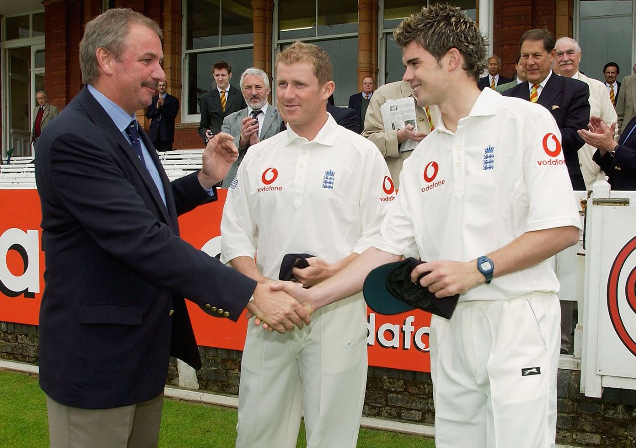 James Anderson receives his England cap from chairman of selectors David Graveney, England v Zimbabwe, first Test, day one, Lord's, May 22, 2003 