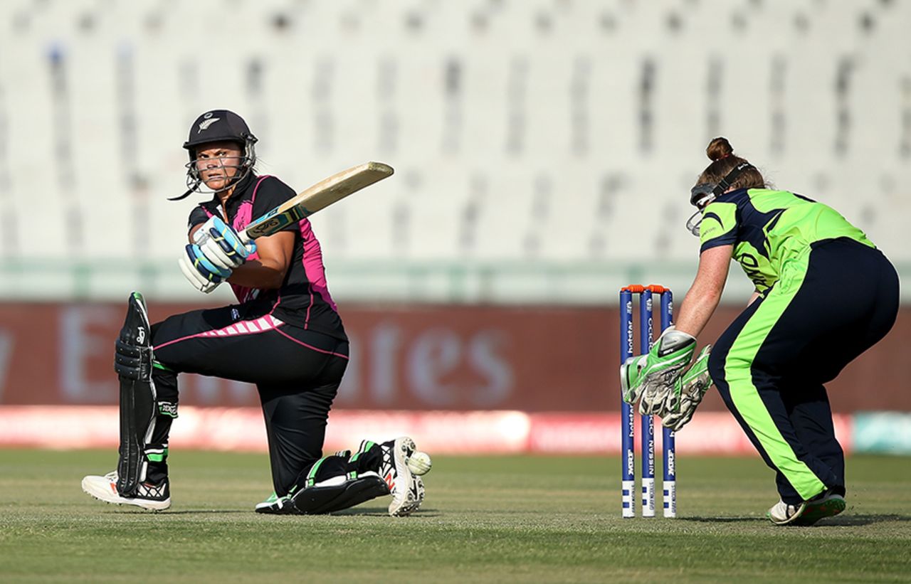 Suzie Bates plays a sweep shot during her brisk 60-ball 82, Ireland v New Zealand, Women's World T20 2016, Group A, Mohali, March 18, 2016