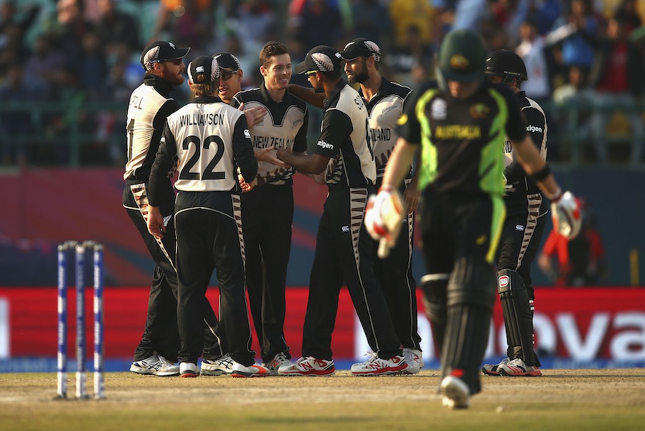 Mitchell Santner is congratulated after dismissing Steven Smith, Australia v New Zealand, World T20 2016, Group 2, Dharamsala, March 18, 2016