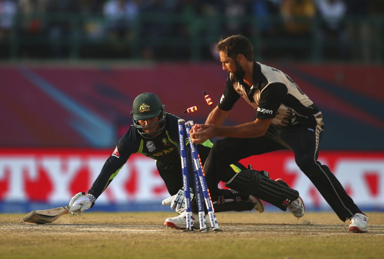Usman Khawaja is run out after attempting a second, Australia v New Zealand, World T20 2016, Group 2, Dharamsala, March 18, 2016