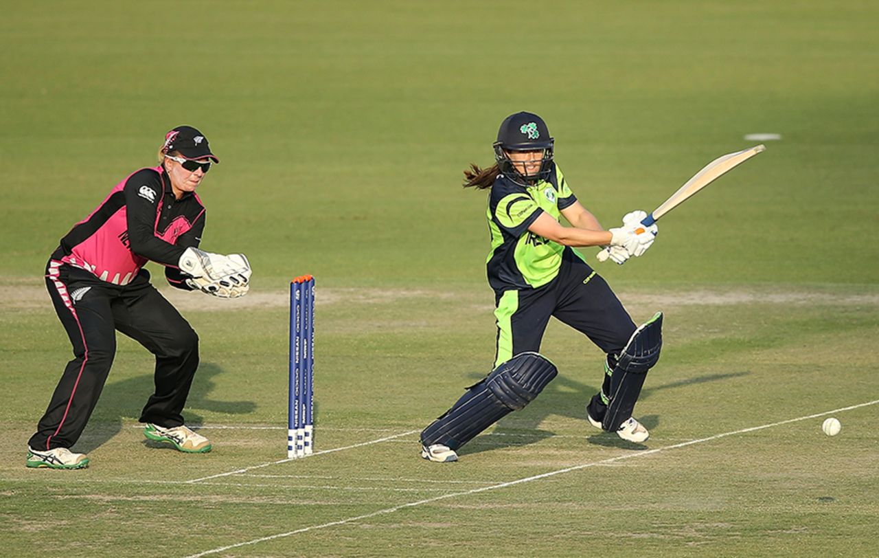 Isobel Joyce plays a cut in her knock of 28, Ireland v New Zealand, Women's World T20 2016, Group A, Mohali, March 18, 2016