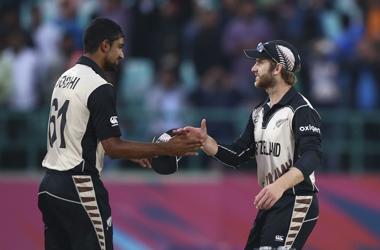 Ish Sodhi is congratulated by Kane Williamson, Australia v New Zealand, World T20 2016, Group 2, Dharamsala, March 18, 2016