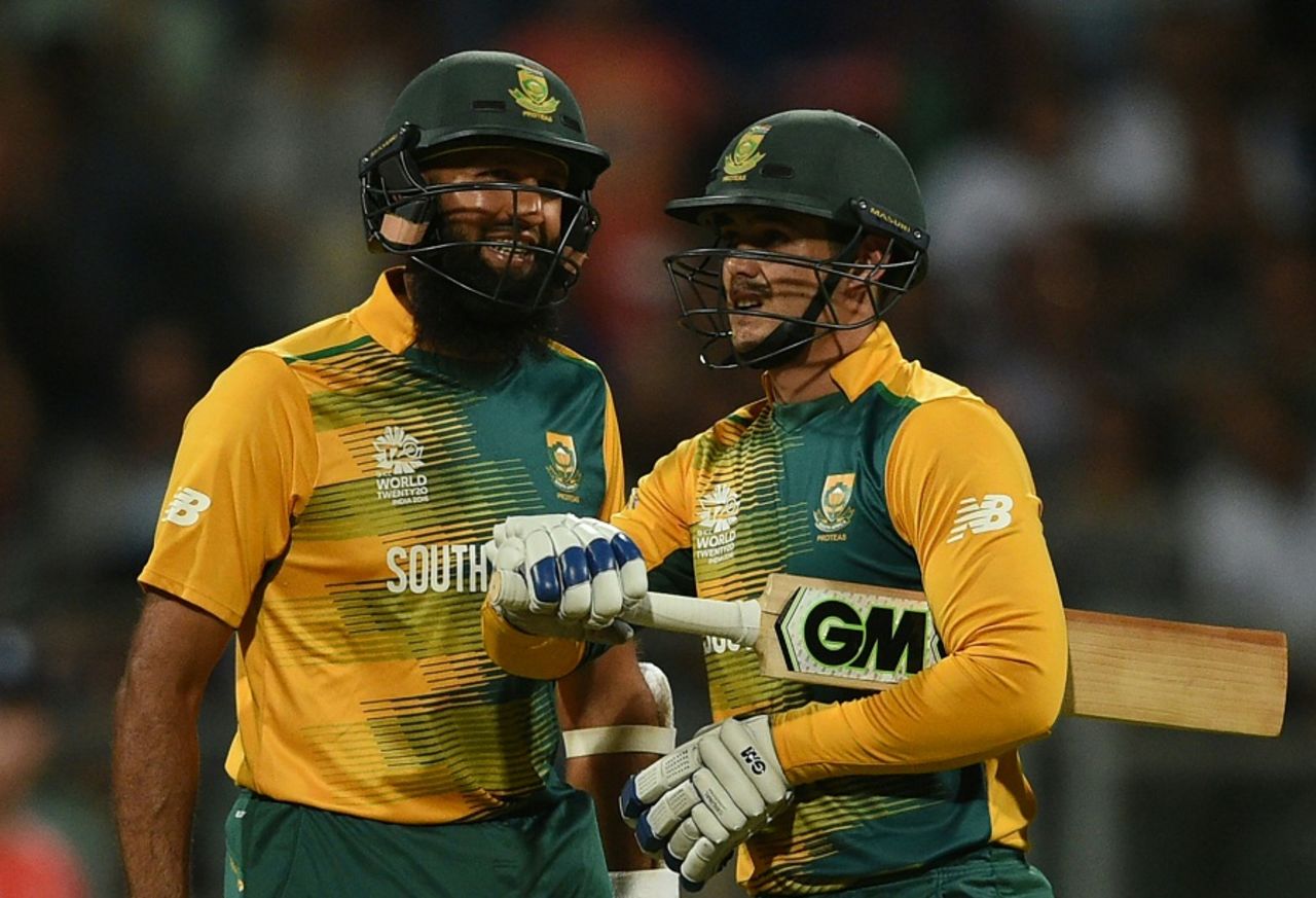 Quinton de Kock and Hashim Amla chat during their opening stand, England v South Africa, World T20 2016, Group 1, Mumbai, March 18, 2016