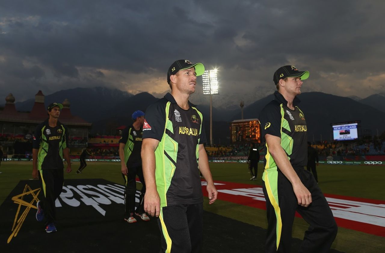 David Warner and Steven Smith leave the field after Australia's narrow loss, Australia v New Zealand, World T20 2016, Group 2, Dharamsala, March 18, 2016