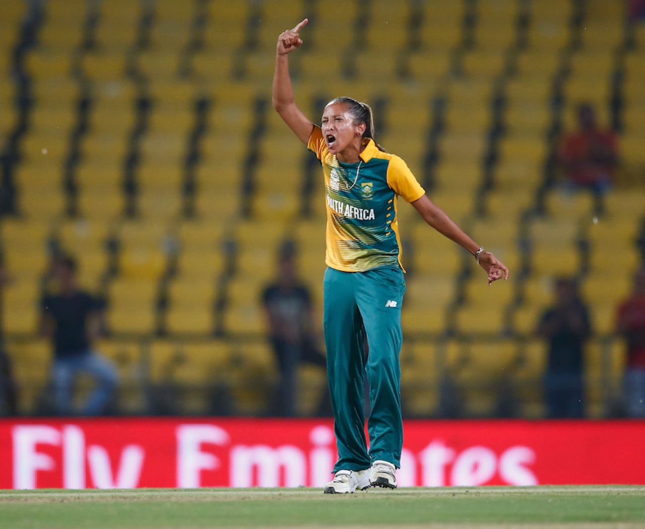 Shabnim Ismail roars after taking a wicket, Australia v South Africa, Women's World T20, Nagpur, March 18, 2016