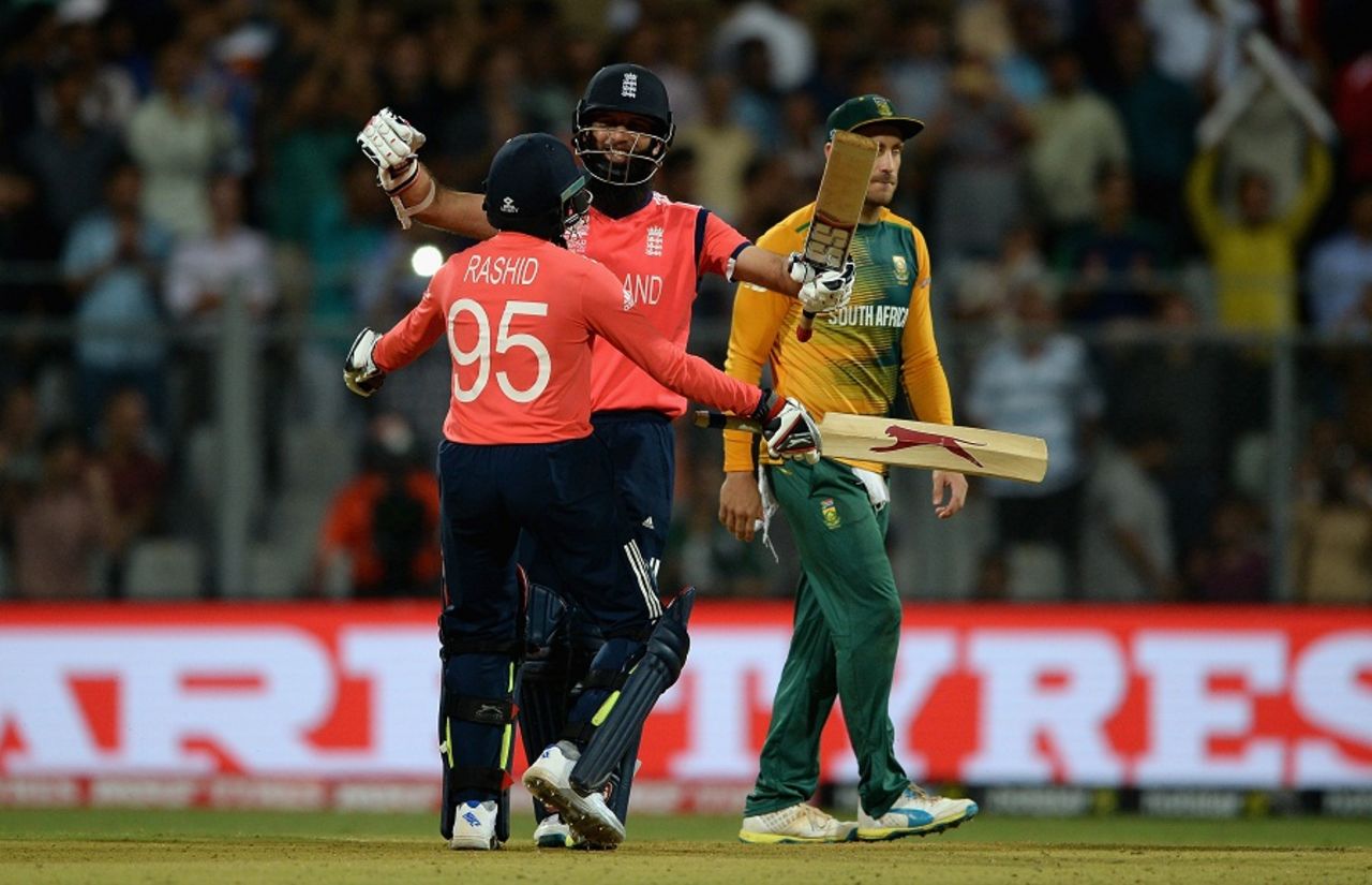 Moeen Ali celebrates with Adil Rashid after taking England home, England v South Africa, World T20 2016, Group 1, Mumbai, March 18, 2016