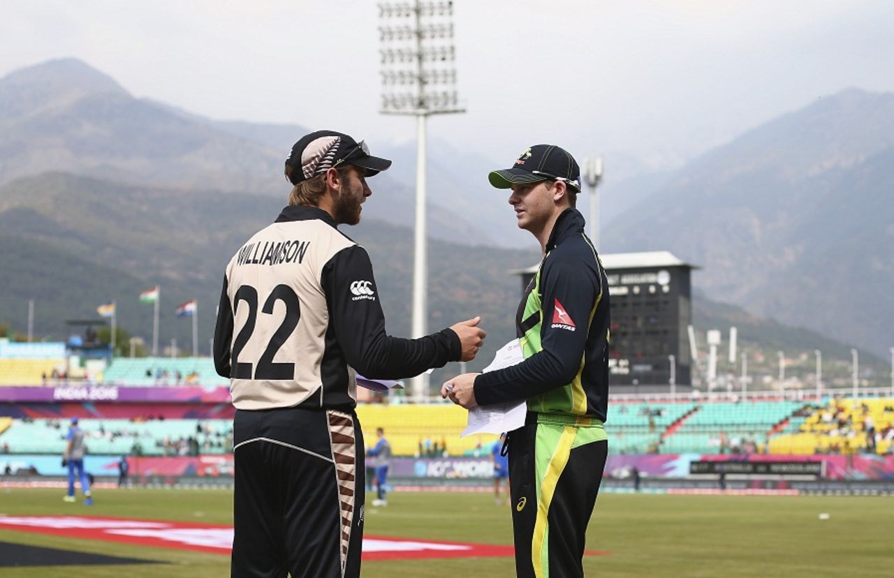 Captains Kane Williamson and Steven Smith have a chat before the match, Australia v New Zealand, World T20 2016, Group 2, Dharamsala, March 18, 2016