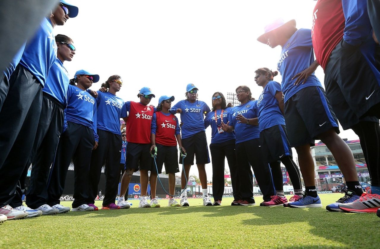 The India team huddle before the match, India v Pakistan, Women's World T20, Group B, Delhi, March 19, 2016