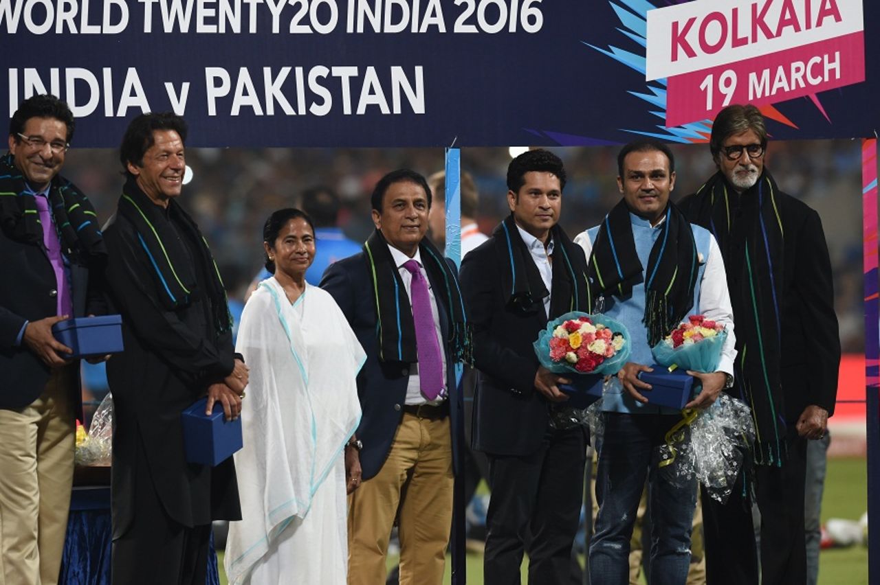 Former cricketers Wasim Akram, Imran Khan, Sunil Gavaskar, Sachin Tendulkar, Virender Sehwag and Indian actor Amitabh Bachchan were felicitated ahead of the game, India v Pakistan, World T20 2016, Group 2, Kolkata, March 19, 2016