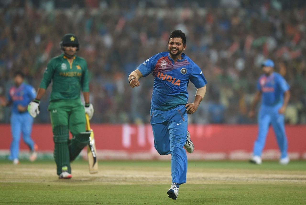 Suresh Raina celebrates after dismissing Sharjeel Khan, India v Pakistan, World T20 2016, Group 2, Kolkata, March 19, 2016