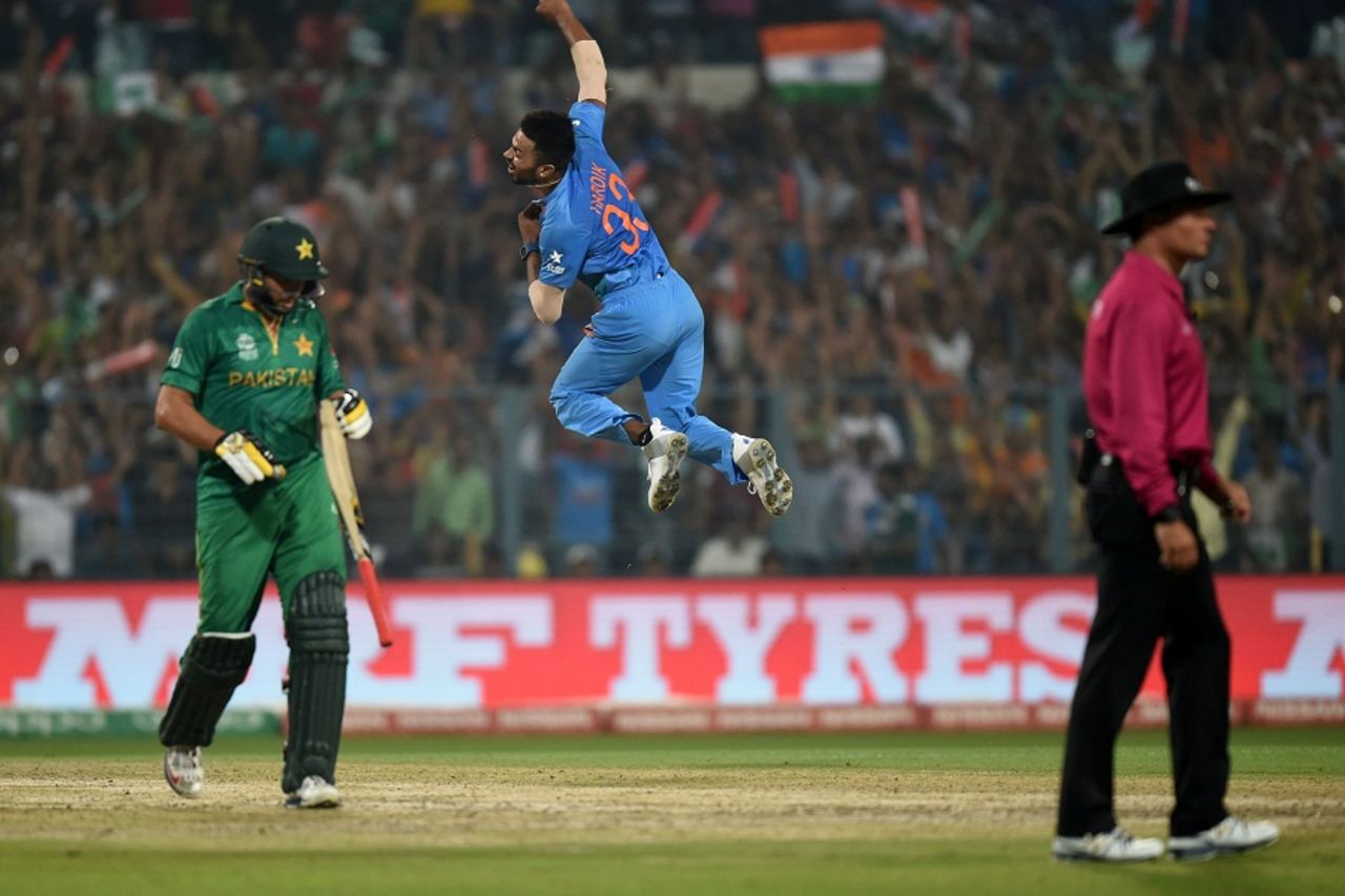 Hardik Pandya is ecstatic after dismissing Shahid Afridi, India v Pakistan, World T20 2016, Group 2, Kolkata, March 19, 2016