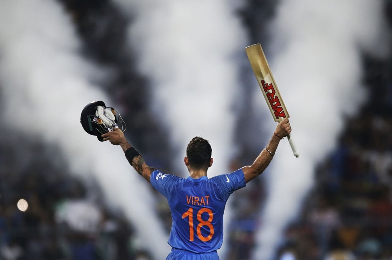 Virat Kohli raises his bat after sealing India's chase, India v Pakistan, World T20 2016, Group 2, Kolkata, March 19, 2016