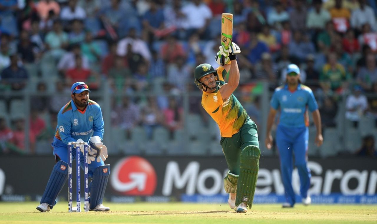 Faf du Plessis launches one down the ground, Afghanistan v South Africa, World T20 2016, Group1, Mumbai, March 20,2016