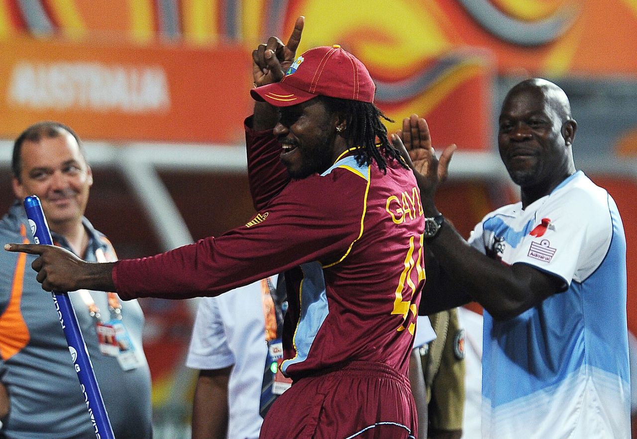 Chris Gayle dances after the win, Australia v West Indies, 2nd semi-final, World Twenty20 2012, Colombo, October 5, 2012