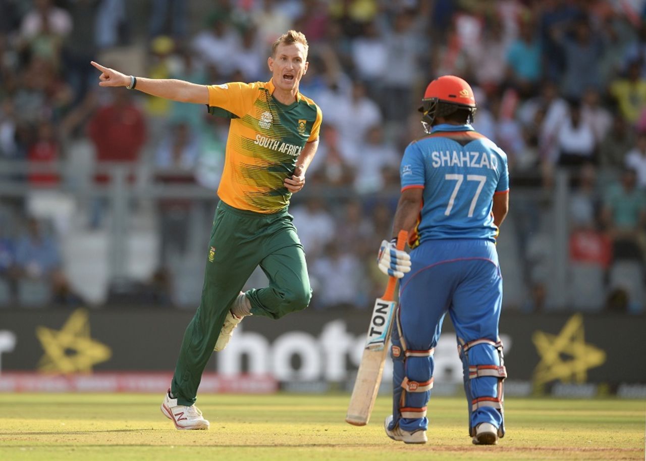 Chris Morris gives Mohammad Shahzad an aggressive send-off after dismissing him, Afghanistan v South Africa, World T20 2016, Group 1, Mumbai, March 20,2016