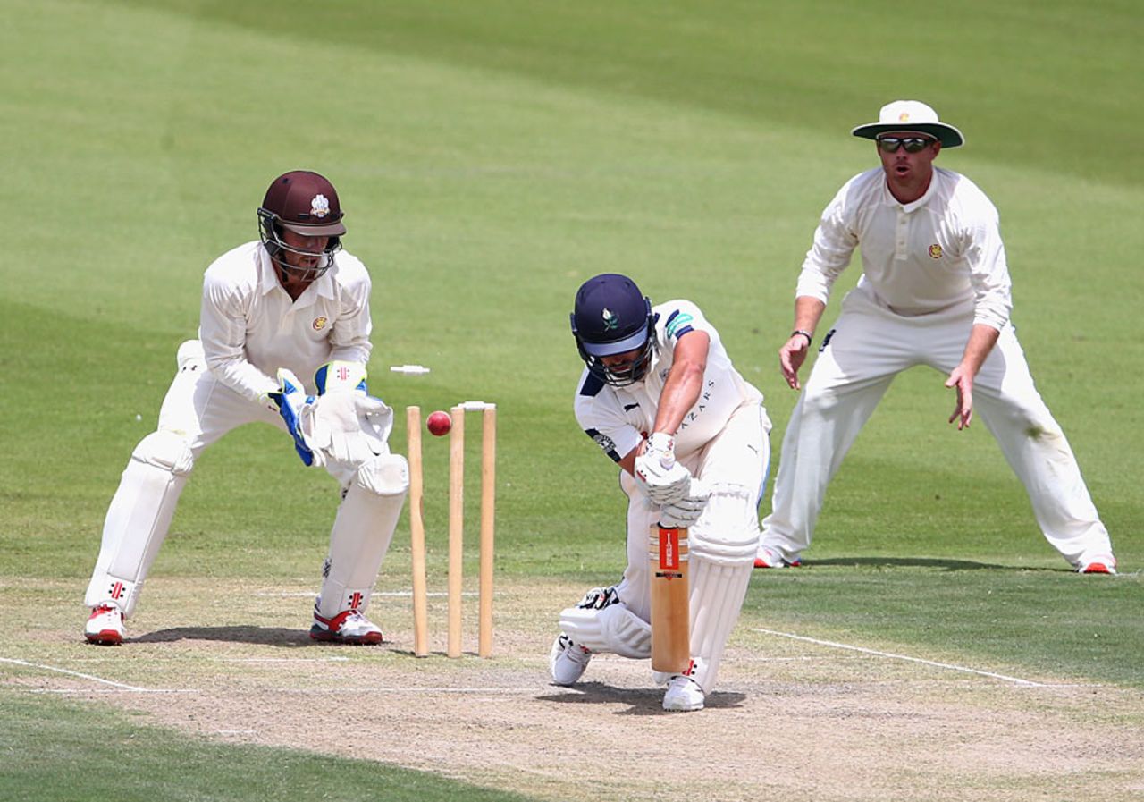Jack Leaning was bowled by James Tredwell, MCC v Yorkshire, Champion County Match, Abu Dhabi, March 20, 2016