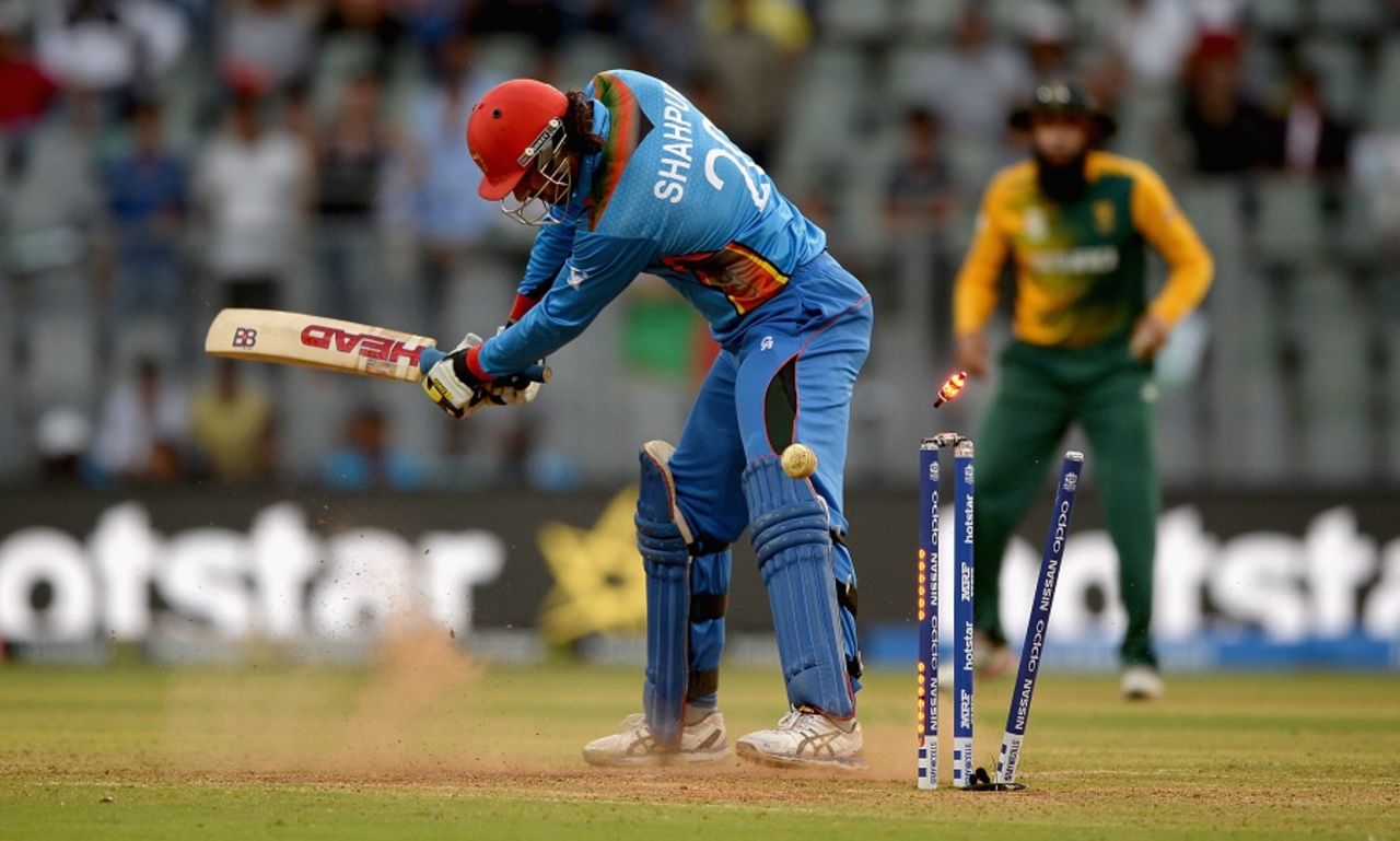 Shapoor Zadran is bowled by Kagiso Rabada, Afghanistan v South Africa, World T20 2016, Group 1, Mumbai, March 20,2016