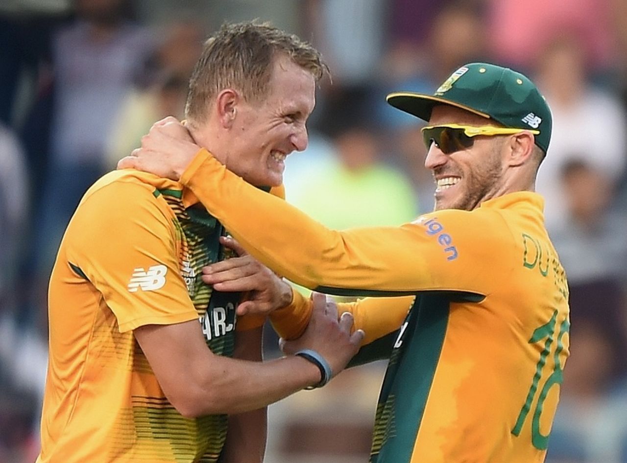 Chris Morris and Faf du Plessis rejoice after winning the match, Afghanistan v South Africa, World T20 2016, Group 1, Mumbai, March 20,2016