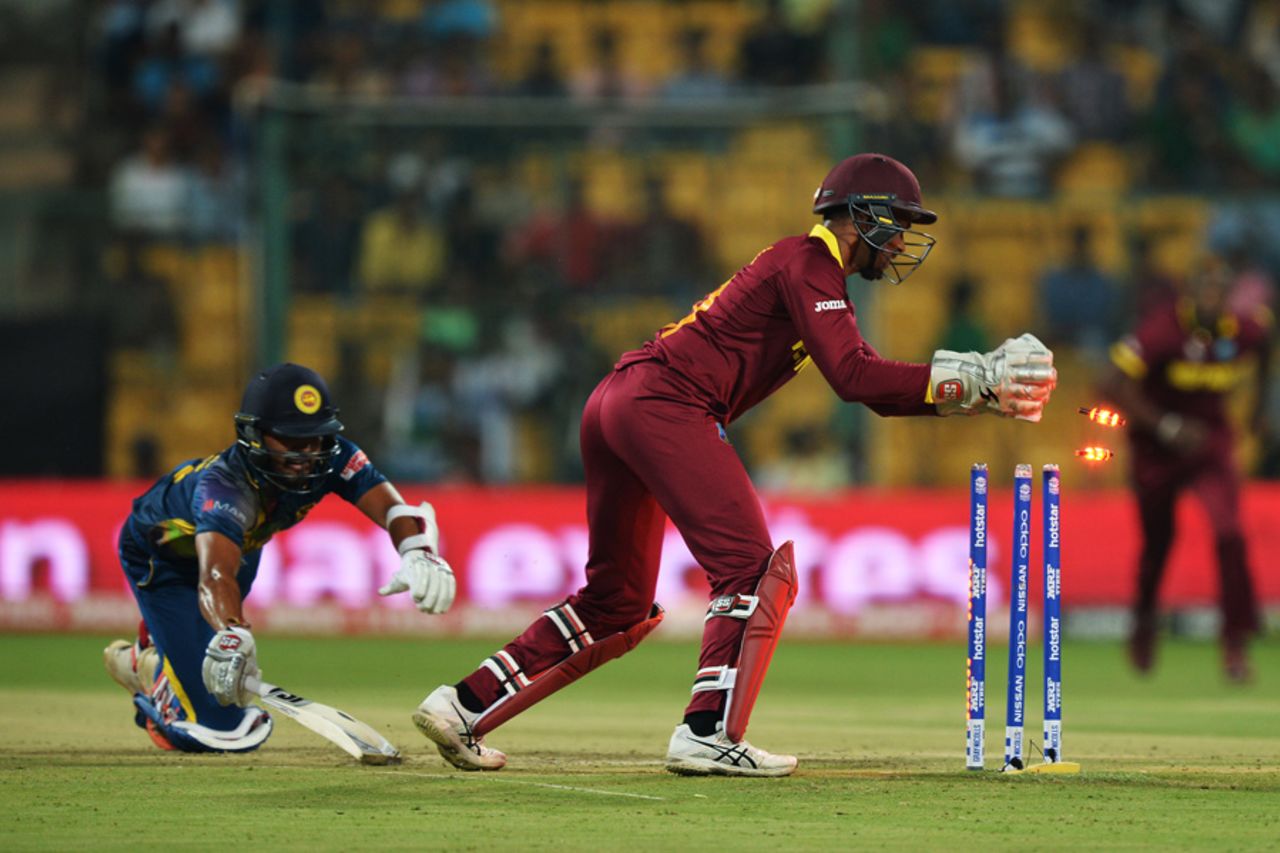 Dinesh Chandimal is run out for 16, Sri Lanka v West Indies, World T20 2016, Group 1, Bangalore, March 20, 2016