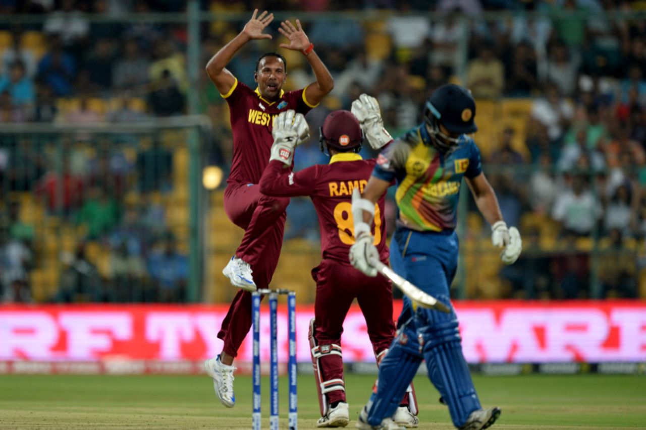 Samuel Badree is jubilant after taking a wicket, Sri Lanka v West Indies, World T20 2016, Group 1, Bangalore, March 20, 2016