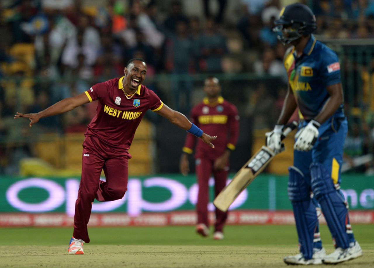 Dwayne Bravo celebrates the dismissal of Angelo Mathews, Sri Lanka v West Indies, World T20 2016, Group 1, Bangalore, March 20, 2016
