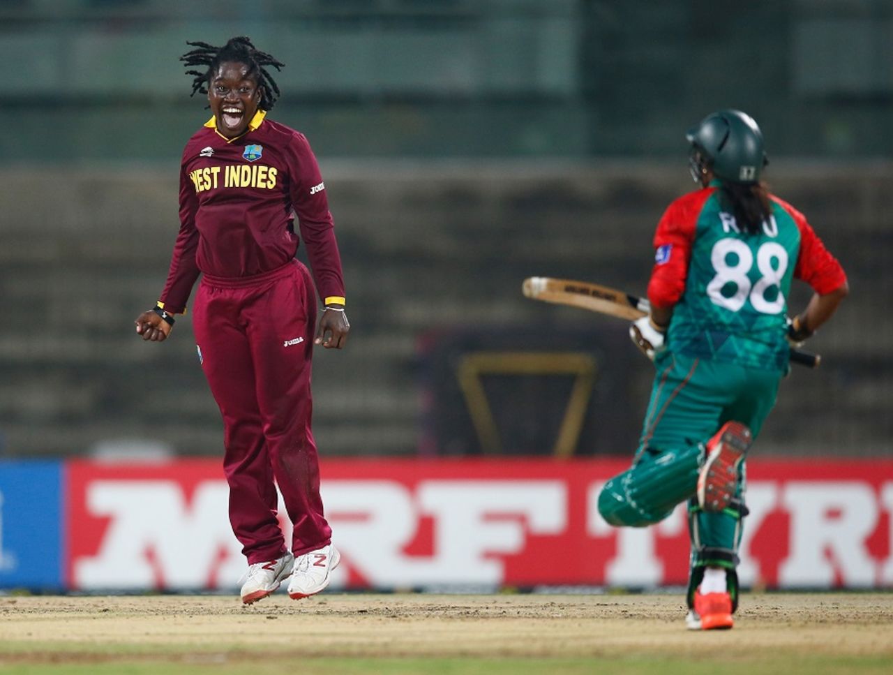 Deandra Dottin celebrates after taking the wicket of Ritu Moni, Bangladesh v West Indies, Women's World T20, Group B, Chennai, March 20, 2016