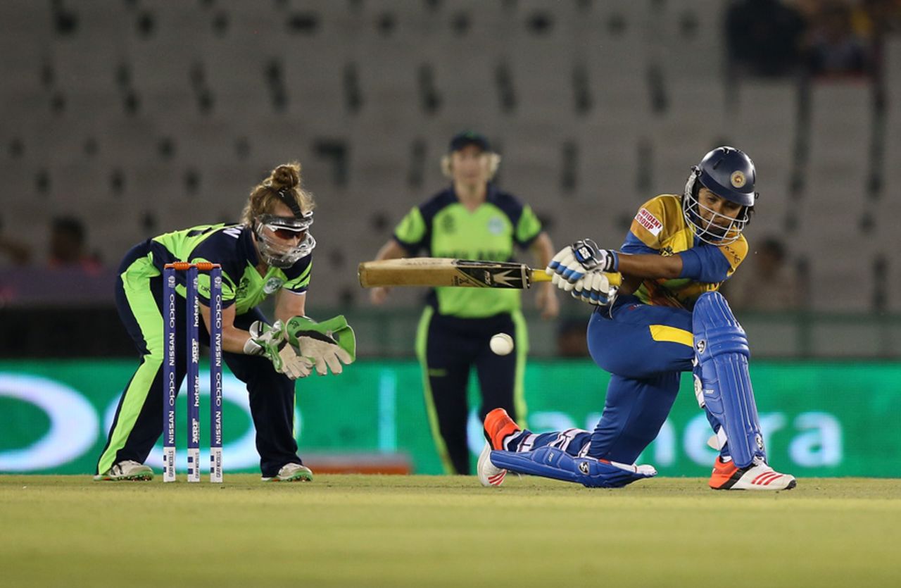 Prasadani Weerakkody executes the sweep, Ireland v Sri Lanka, Women's World T20, Group A, Mohali, March 20, 2016