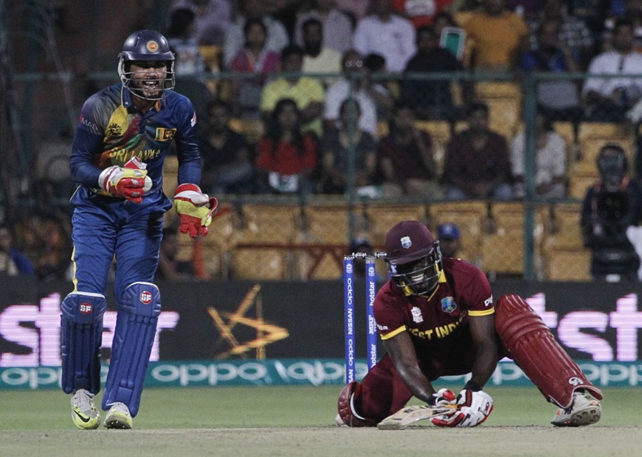 Johnson Charles slips while attempting a shot, Sri Lanka v West Indies, World T20 2016, Group 1, Bangalore, March 20, 2016