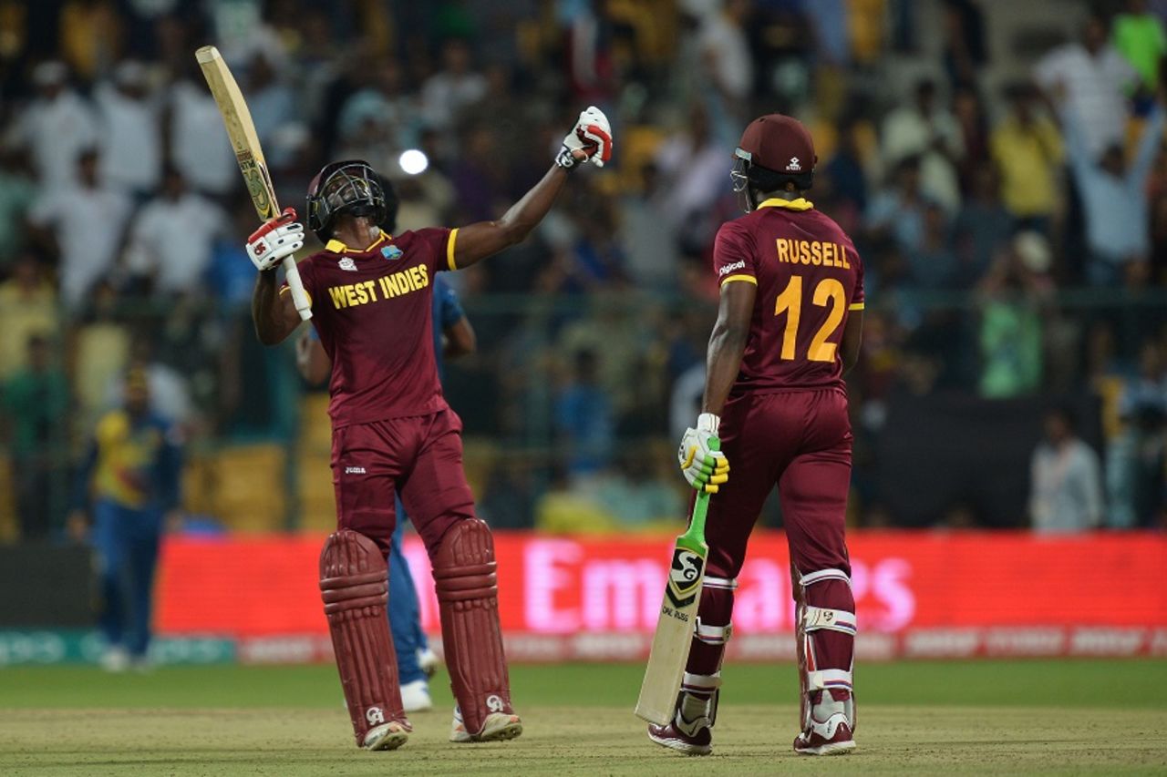 Andre Fletcher and Andre Russell celebrate West Indies' win, Sri Lanka v West Indies, World T20 2016, Group 1, Bangalore, March 20, 2016