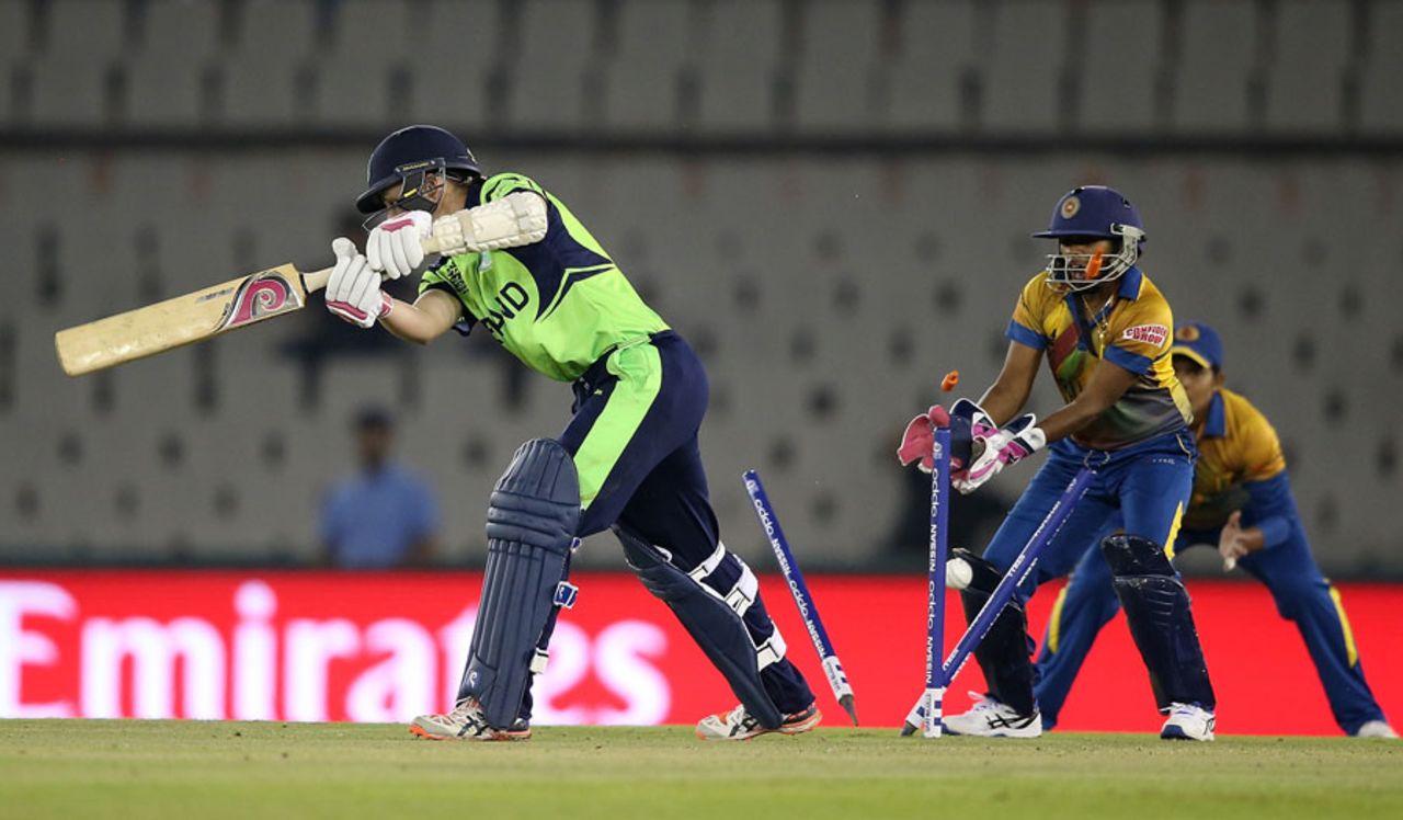 Clare Shillington loses her stumps, Ireland v Sri Lanka, Women's World T20, Group A, Mohali, March 20, 2016