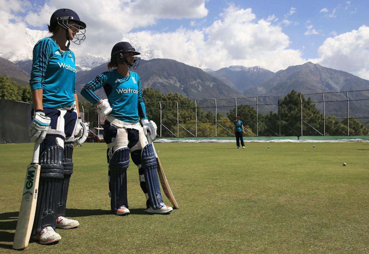 England Women's Jenny Gunn and Danielle Wyatt wait their turn in the nets, Dharamsala, March 21, 2016