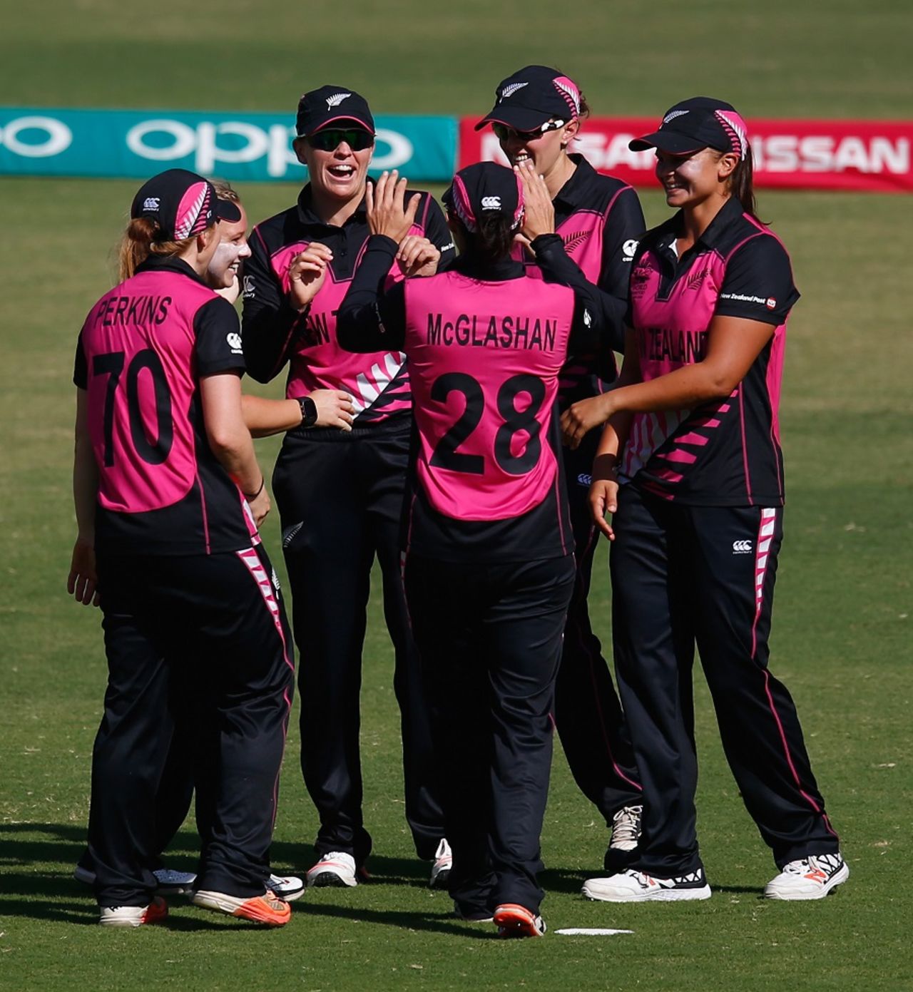 Lea Tahuhu is congratulated by her team-mates, Australia v New Zealand, Women's World T20 2016, Group A, Nagpur, March 21, 2016