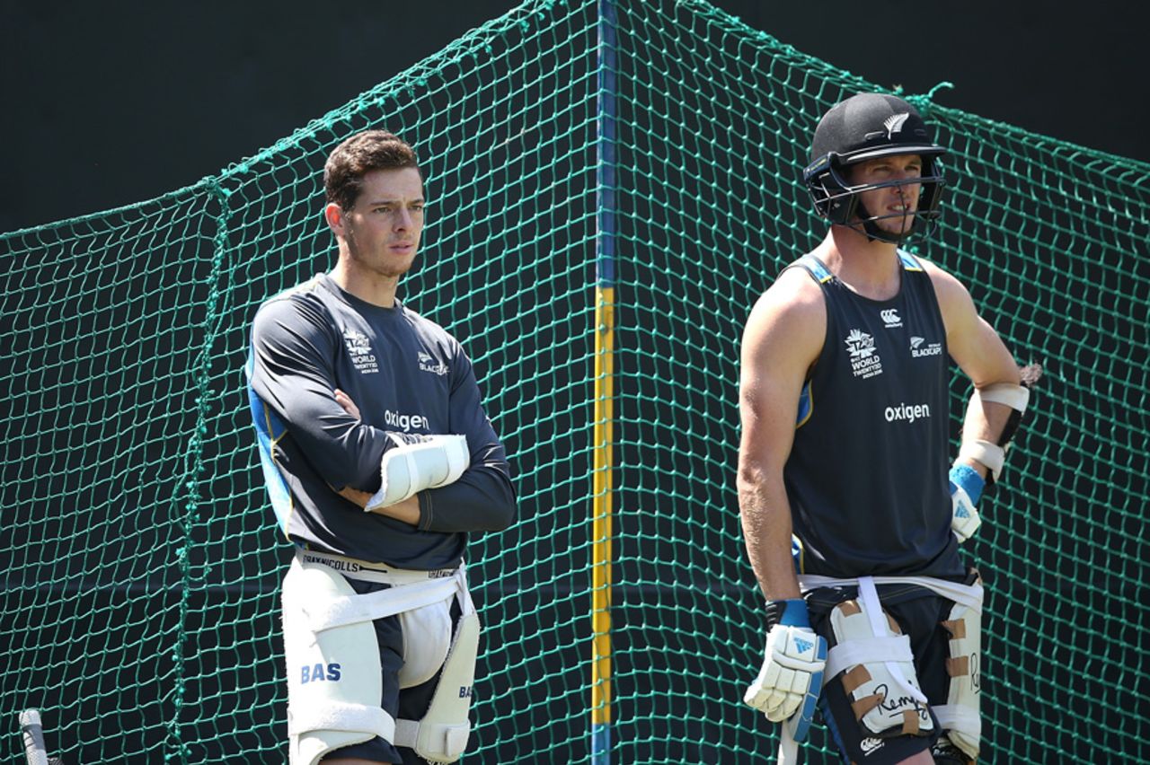 Mitchell Santner and Adam Milne wait for their turn to bat, Mohali, March 21, 2016