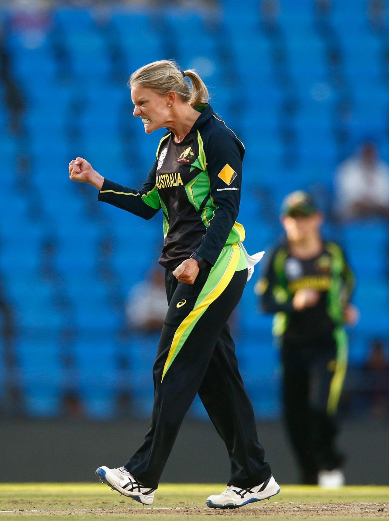 Kristen Beams is pumped after picking up a wicket, Australia v New Zealand, Women's World T20 2016, Group A, Nagpur, March 21, 2016