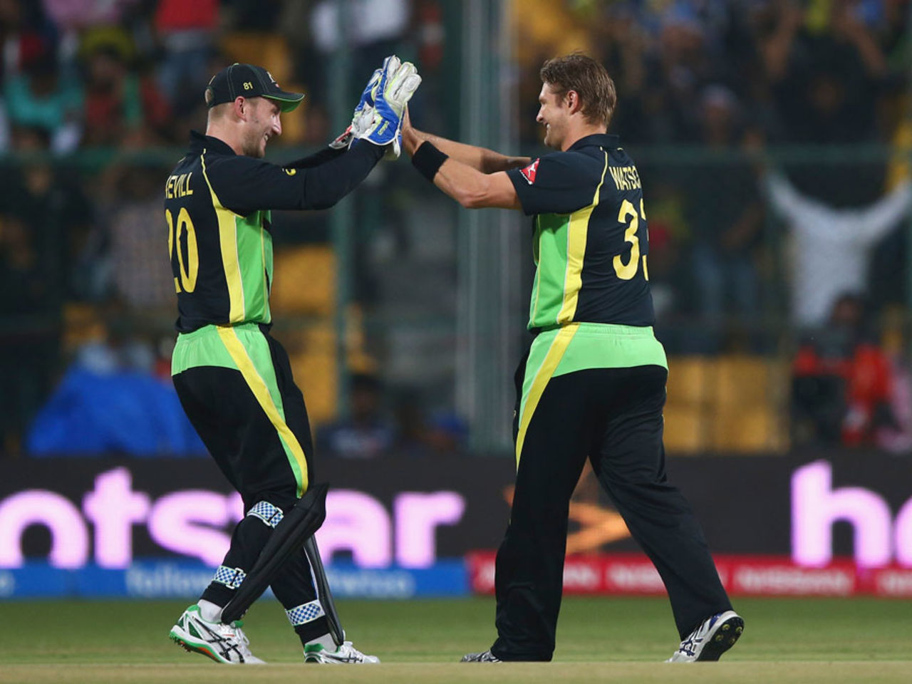 Peter Nevill and Shane Watson celebrate the wicket of Soumya Sarkar, Australia v Bangladesh, World T20, Group 2, Bangalore, March 21, 2016