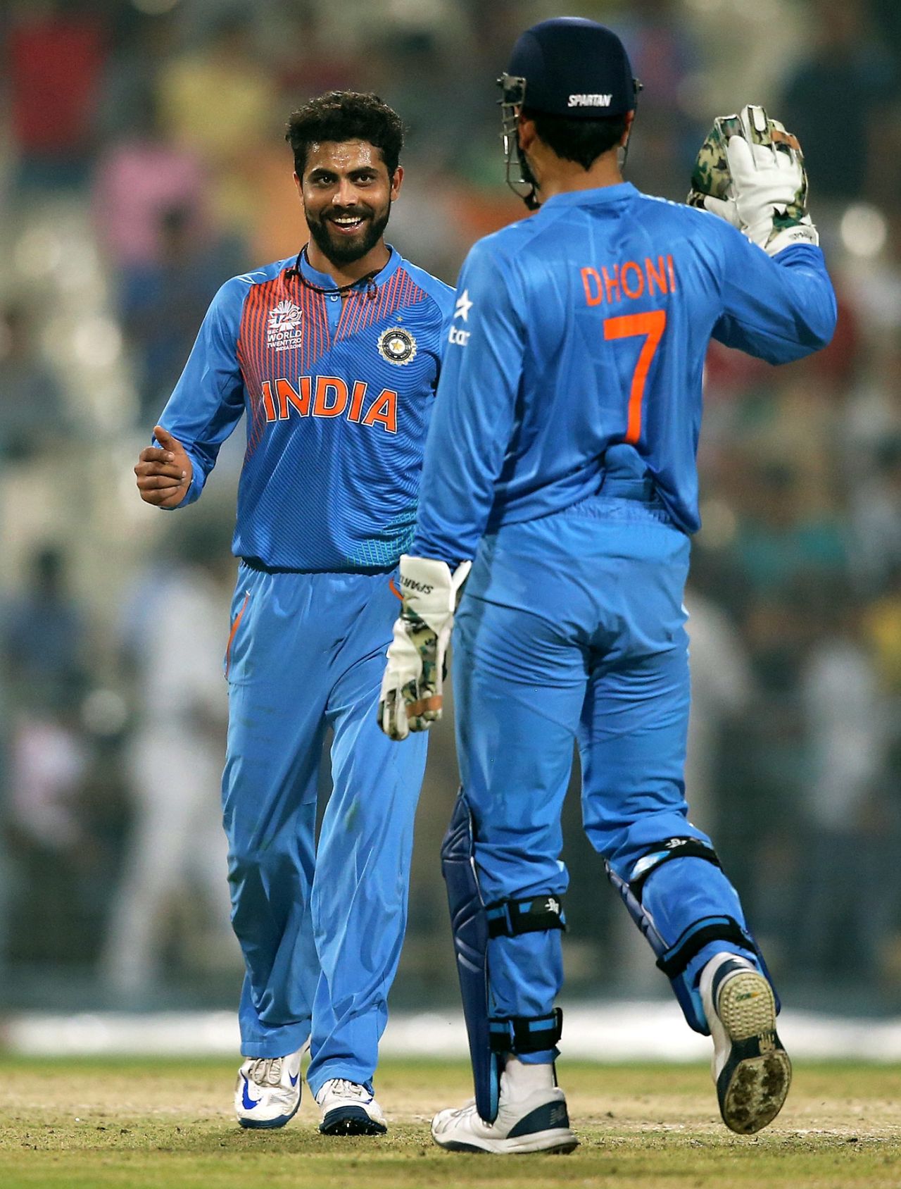Ravindra Jadeja and MS Dhoni celebrate a wicket, India v West Indies, World T20 warm-ups, Kolkata, March 10, 2016