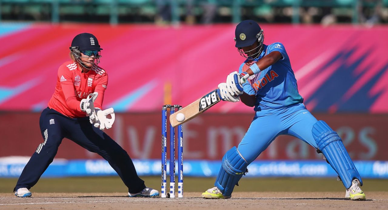 Shikha Pandey shapes to cut the ball, India v England, Group B, Women's World T20, Dharamsala, March 22, 2016