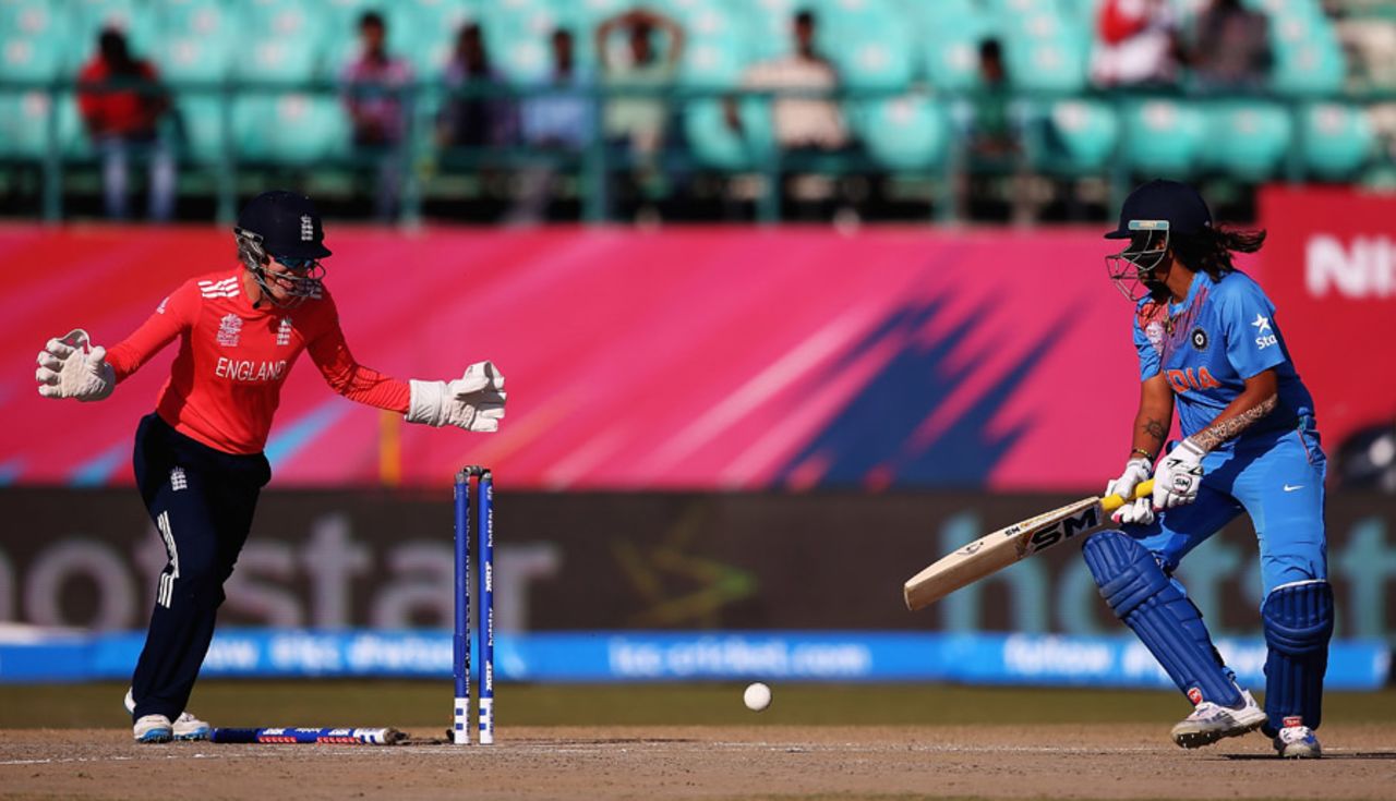 Veda Krishnamurthy sees her leg stump flattened, India v England, Group B, Women's World T20, Dharamsala, March 22, 2016