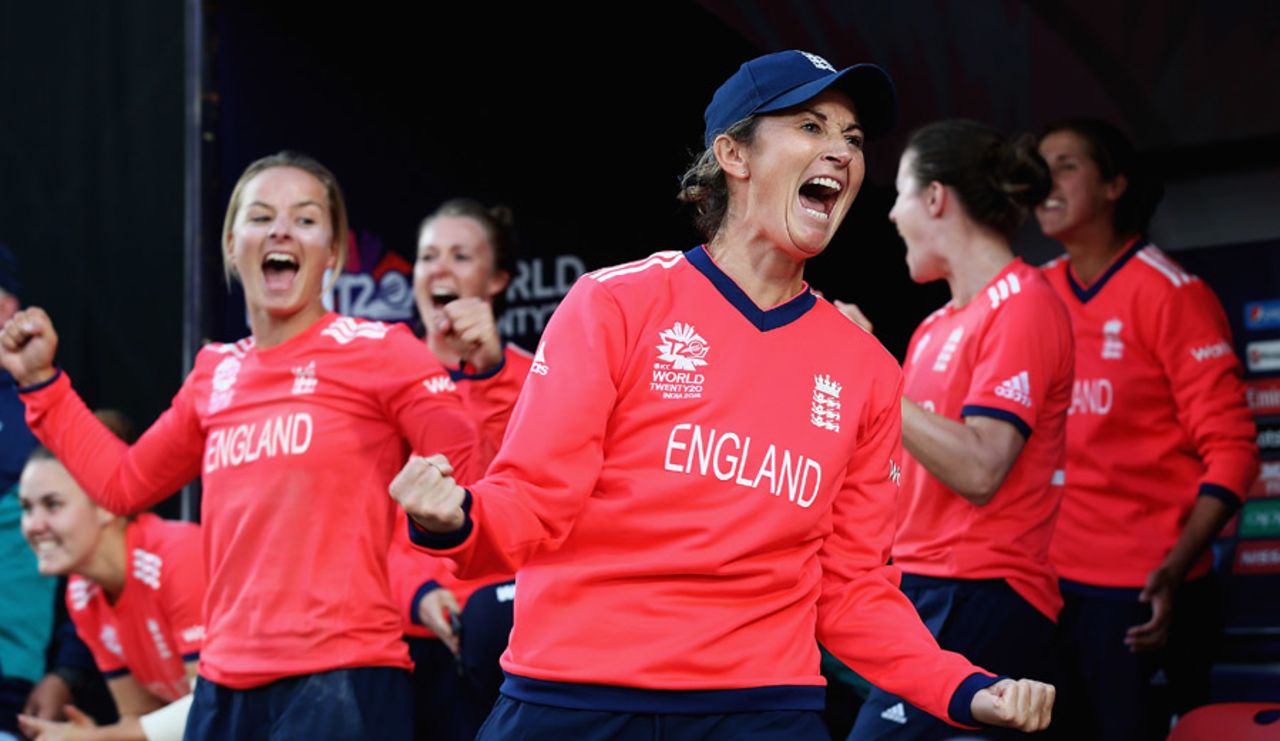 England Women players are ecstatic after their tight win over India, India v England, Group B, Women's World T20, Dharamsala, March 22, 2016