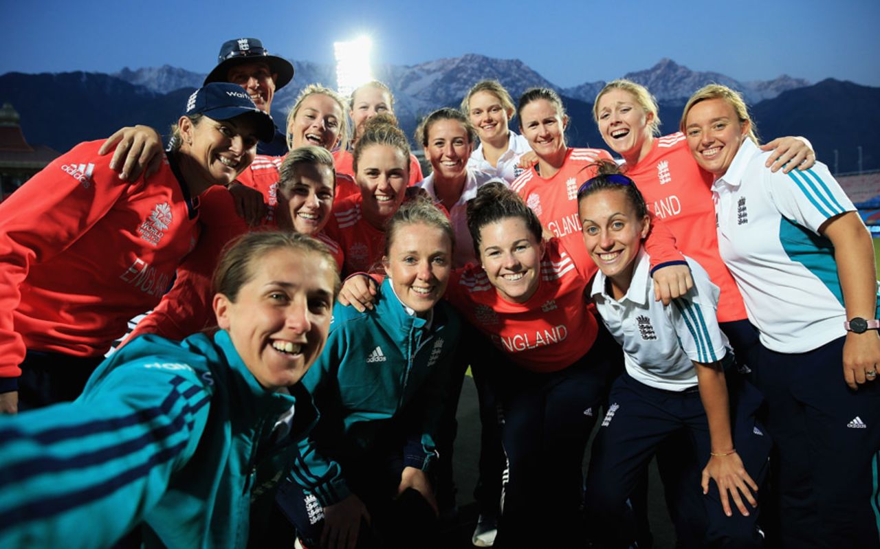 England players pose for a selfie after their win over India, India v England, Group B, Women's World T20, Dharamsala, March 22, 2016