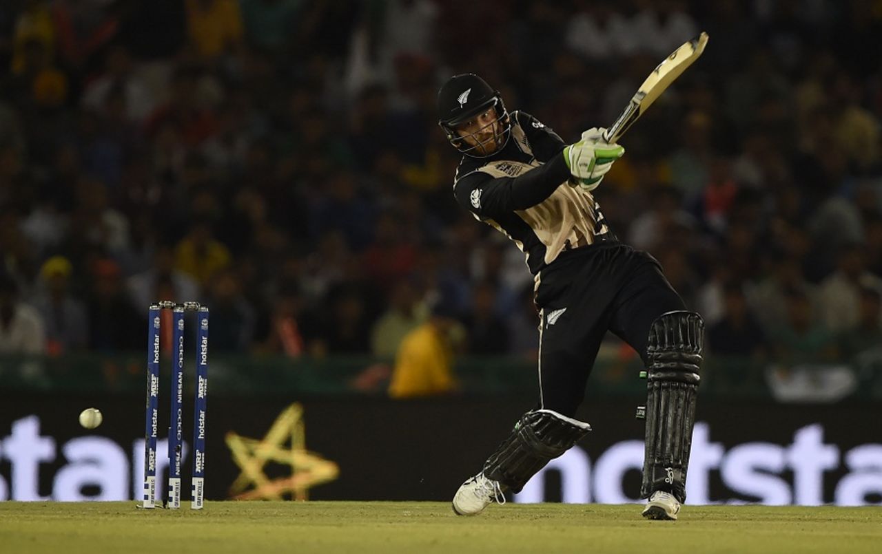 Martin Guptill powers a drive though the off side, New Zealand v Pakistan, World T20 2016, Group 2, Mohali, March 22, 2016
