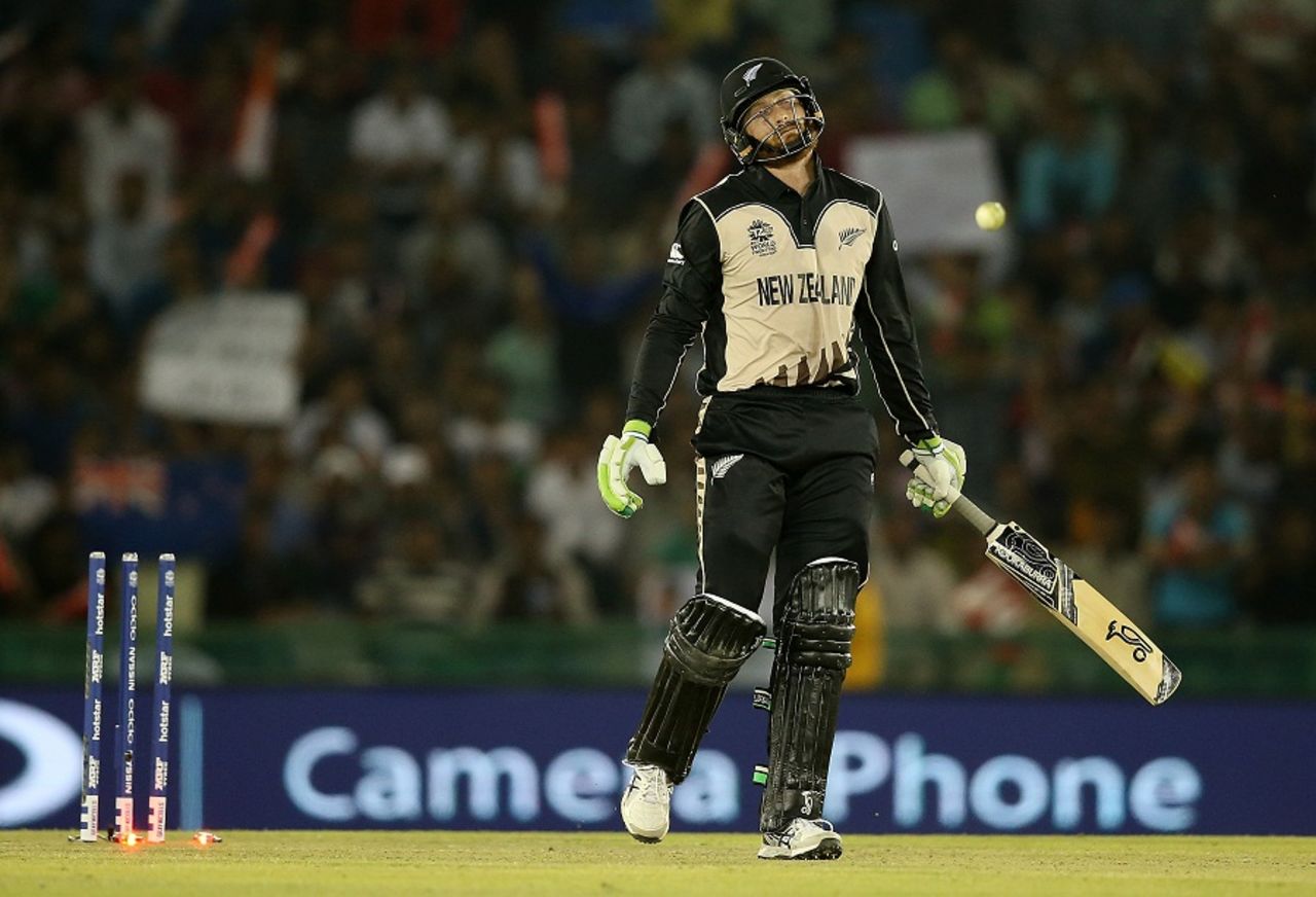 Martin Guptill is disappointed after being dismissed for 80, New Zealand v Pakistan, World T20 2016, Group 2, Mohali, March 22, 2016
